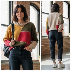 Liz Wear M Vintage 90s Patchwork Grandpacore Cottagecore Cabincore Knit Sweater